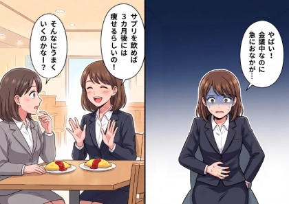 「絶対痩せてイケメン彼氏をゲットする!」と意気込んで飲んだダイエットサプリ。しかしその直後、会議室で“おなか”に異変が⇒バレないようにおならをするが、異臭が漂ってしまい・・・