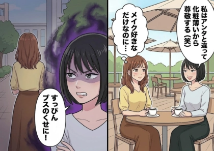 「え~メイクに時間かけるの尊敬するw」「私はいつも眉毛とリップだけで~」薄化粧マウントを取ってくる友人。彼女が狙うイケメンの好みはまさかの私!?⇒意図せず嫉妬心を煽ってしまい・・・