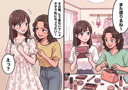 「あ、それ新作コスメ?今日も借りるね~!」人のモノをまるで自分のように勝手に使う友人…行動はエスカレートしていき⇒「その服もう着ないでしょ!タダでちょうだい」図々しすぎる要求まで・・・
