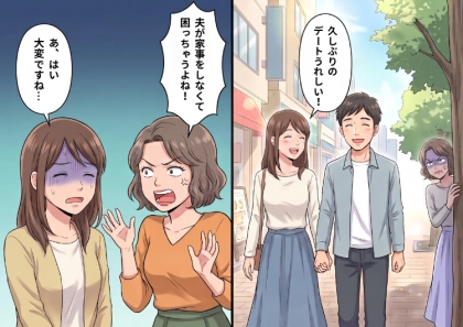 「夫なんて役に立たないわよね!」いつも旦那さんの愚痴しか言わないママ友。空気を読んで夫婦円満なことを隠していたが、ある日デートを見られてしまい⇒保育園で完全無視されて・・・
