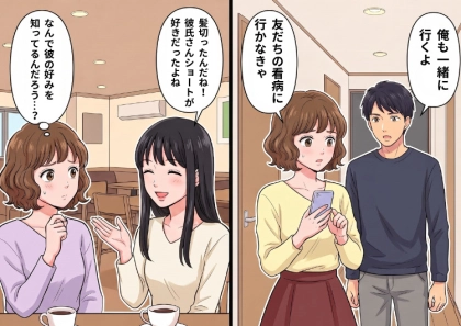 「彼氏さん好みの髪形にしたんだね!」⇒「なぜ彼の好みを知っているの…?」やけに彼氏のことについて詳しい友人。ある日、友人が体調を崩してしまうと⇒なぜか私の彼氏が焦っていて・・・