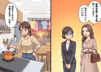 「えっ共働きって旦那さんにも家事やらせるんだぁ~?」“専業主婦”アピールがしつこいママ友がマウント発言を連発⇒「あなた授業参観で恥かかないといいわねw」と明らかにバカにしてきて・・・