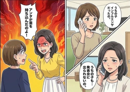 「ぎゃああ！息子がインフルで発表会出られなくて最悪！」園内で大流行中のインフルエンザの感染源を突き止めようとするママ友⇒「アンタが犯人ね！うちの子を傷つけやがって！」理不尽に八つ当たりされて・・・