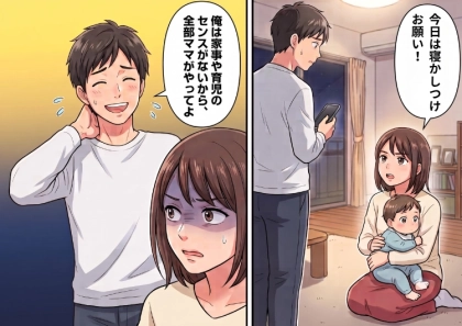 「えっ、俺が寝かしつけするの！？」父親なのに当事者意識ゼロ！やる気のない戦力外夫が衝撃発言⇒「センスが無いから家事・育児は全部ママがやってw」何もかも妻に押し付けて・・・