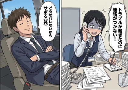 「外回りは疲れるからちょっと休憩してるだけw」営業とウソをついて社用車でサボる同僚！注意をしても全く聞く耳を持たず⇒ある日、同僚の担当案件でトラブルが発生したが連絡がつかなくて・・・