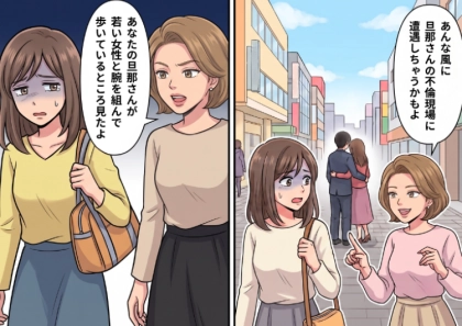 「うわ～サレ妻さんのおでましよw」「アンタの旦那ってあんな風に不倫してるんでしょ」嫌味なママ友が指さした先にいたのは…なんとママ友の旦那さん！？⇒女性と密着している現場を目撃して・・・