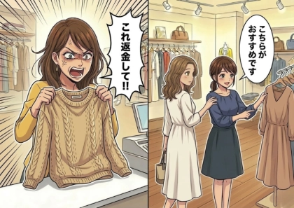 「クリーニングしたら服が縮んだから返金しろ！」平和な接客中にクレーマーが乱入⇒「これ…クリーニングしてませんよね？」先輩の指摘でさらに激怒させてしまい・・・