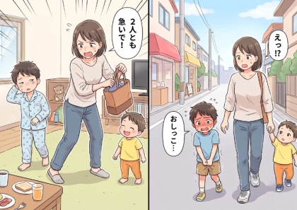 「登園中にいちばん聞きたくない言葉が…」ワーママの朝は毎日ドタバタ!わんぱく息子2人をやっとの思いで準備させて保育園へ向かうが⇒「ママ!おしっこ!」最悪のタイミングで叫ばれて・・・