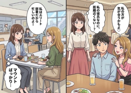 「私の服と比べると安っぽくない?」「事務職って楽しいの?(笑)」何かとマウントをとって張り合ってくる友人が彼氏に接近!?⇒「私の方が気が合うかもよ♡」彼氏と連絡先を交換しはじめて・・・