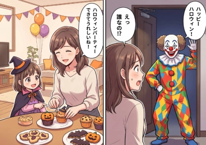 「ぎゃあああ！誰！？」家にいきなり“謎のピエロ”襲来！家族との平和なハロウィンパーティーのはずが、最悪の夜に一変⇒ピエロの意外な正体にドン引き・・・