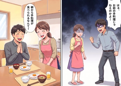 「俺のために毎朝、味噌汁を作ってくれ!」夫の要望に応えるため早起きでがんばる妻。ある日、具材がないのでインスタント味噌汁を出すと⇒「手料理じゃないなんて詐欺だ!」と激怒されて・・・