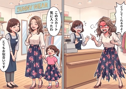「このスカートどうしてくれるのよ!」優雅でおしゃれな親子が来店。ロングスカートを購入して笑顔で帰っていったが⇒なんと10分後、豹変したズタボロの姿で戻ってきて・・・