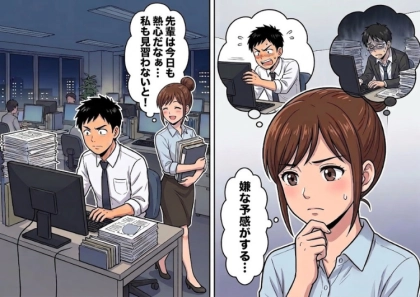 「え？なにか隠そうとしてる…」いつも熱心でハードワーカーな憧れの先輩！しかしある日、彼のパソコンの画面に謎のサイトが！？⇒同じタイミングで残業が急に増えた後輩にも違和感を持ち始めて・・・