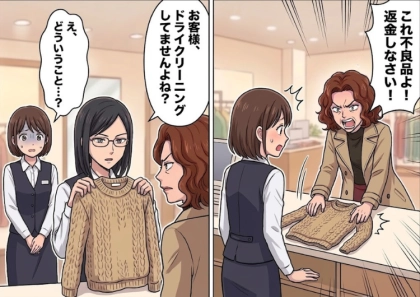 【カスハラ実話】「ドライクリーニングしたら服が縮んだ!返金しろ!」激怒したクレーマーが来店で大焦り!頼れる先輩が対応するも⇒「クリーニングしていませんよね」さらに怒らせる発言をして・・・