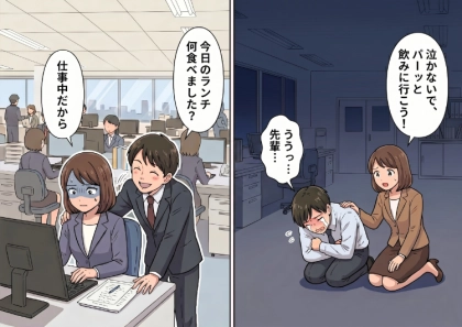 「彼女にフラれて人生終わりだあああ!」職場で大号泣する後輩男子を慰めたら執着されてしまった!?仕事の邪魔ばかりしてくるので注意をすると⇒“恐怖の言葉”を吐かれてドン引き・・・