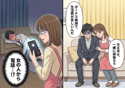 【〇〇に貢いで家庭崩壊】「ボーナスが減って生活費が苦しいんだ…」家族のために我慢して、妻が身を粉にして働くが⇒泥酔して帰ってきた夫のスマホに謎の女から電話が・・・